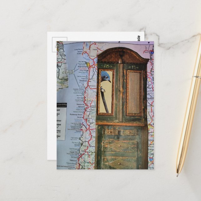 Map with Bird in a Dresser Collage Postcard (Front/Back In Situ)