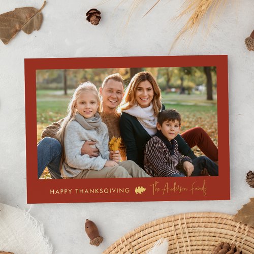 Maple and Gold Minimalist Thanksgiving 2 Photo Foil Holiday Card
