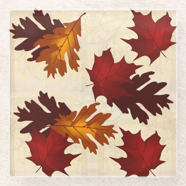 Maple and Oak Foliage Leaves Autumn Colors Glass Coaster (Front)