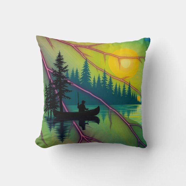 Maple Aurora Canoe River Guidance Dawn Throw Pillow (Front)