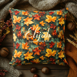 Maple Autumn Leaves Pattern on Deep Green Throw Pillow