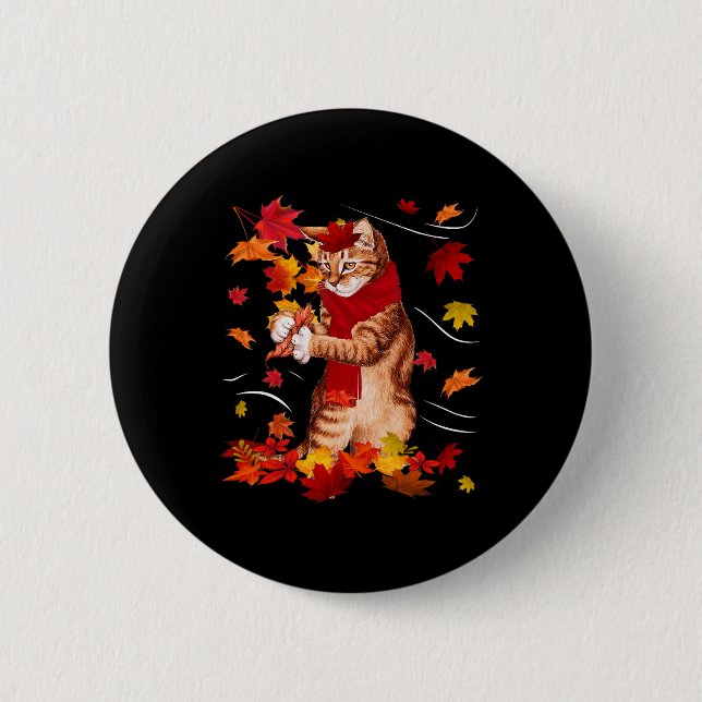 Maple Cat Autumn Maple Hello Fall Leaf Gift Women  Button (Front)