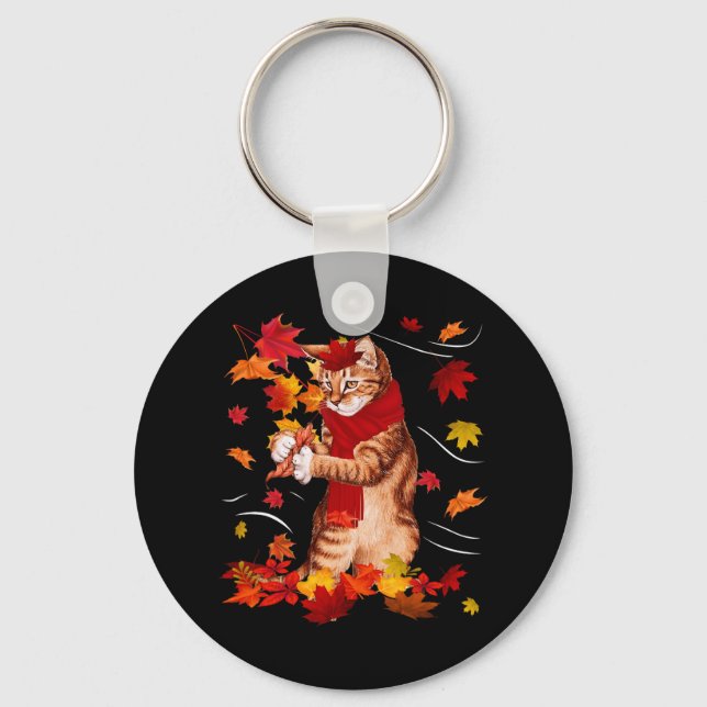 Maple Cat Autumn Maple Hello Fall Leaf Gift Women  Keychain (Front)