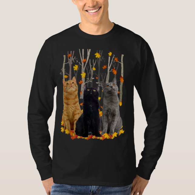 Maple Cat Leaf Fall Hello Autumn Funny Kitty T-Shirt (Front)