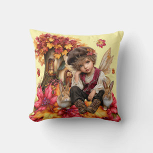 Maple Clan Fairy Boy with Rabbits & Autumn Leaves Throw Pillow