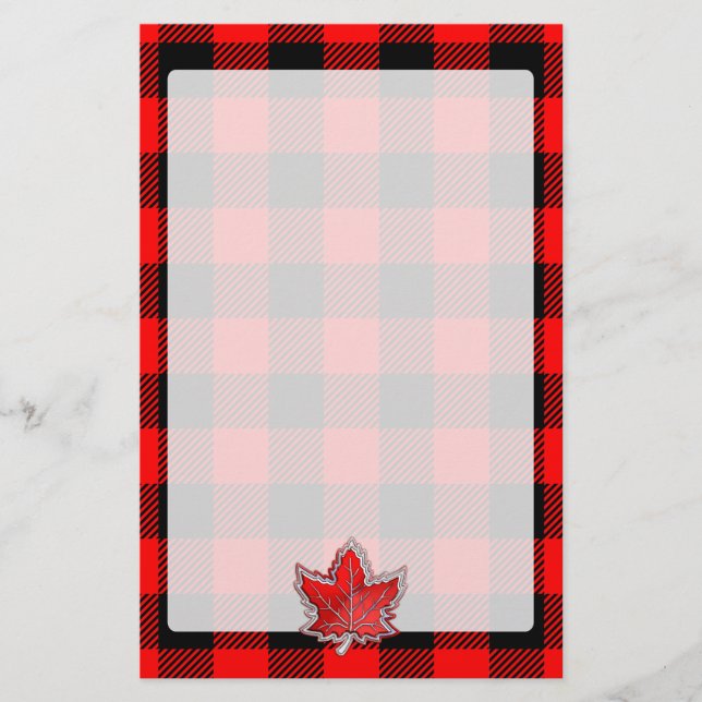 Maple Leaf Buffalo Check Red Black Plaid Style Stationery (Front)