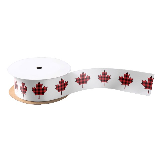 Maple Leaf Buffalo Plaid Check Pattern Satin Ribbon (Spool)