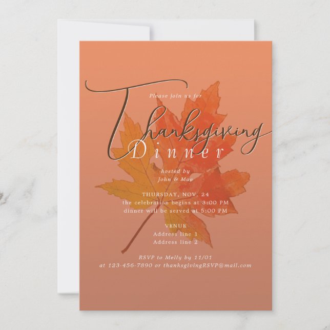 Maple Leaf Burnt Orange Thanksgiving Feast Dinner Invitation (Front)