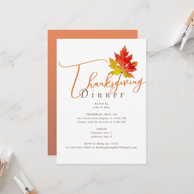 Maple Leaf Minimal Fall Thanksgiving Dinner Feast Invitation (Front/Back In Situ)