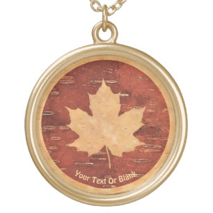 Maple Leaf On Inner Birch Bark Gold Plated Necklace