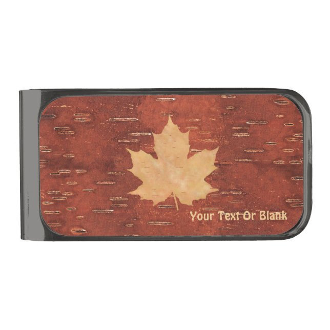 Maple Leaf On Inner Birch Bark Gunmetal Finish Money Clip (Front)