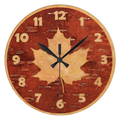 Maple Leaf On Inner Birch Bark Large Clock