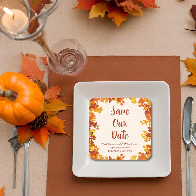 Maple Leaf Orange Terracotta Autumn Save The Date Square Paper Coaster (Creator Uploaded)