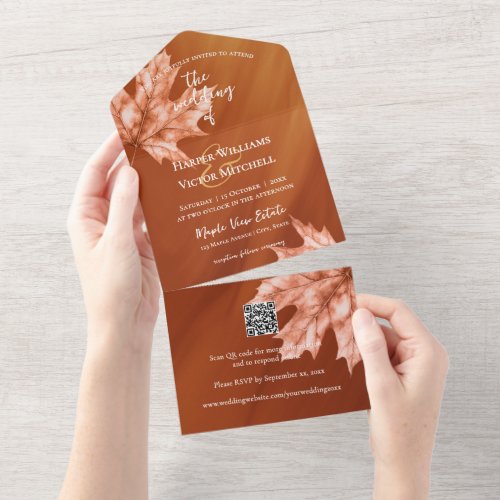 burnt orange maple leaves all in one wedding invitation