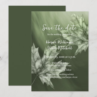 maple leaves accenting dark green fall wedding save the date