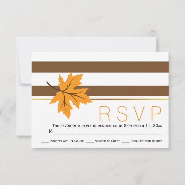 Maple leaves and brown stripes fall wedding RSVP (Front)
