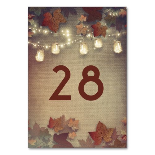 Maple Leaves and Mason Jar Lights Rustic Fall Table Number - Rustic and burgundy fall mason jar lights wedding table number cards
