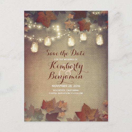 Maple Leaves and Mason Jars Fall Save the Date Announcement Postcard - Burgundy maple leaves, mason jars, string lights and rustic burlap fall save the date postcards
