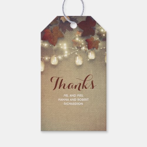 Maple Leaves and Mason Jars Fall Wedding Gift Tags - Burgundy fall leaves and enchanted mason jar string lights wedding and partying tags