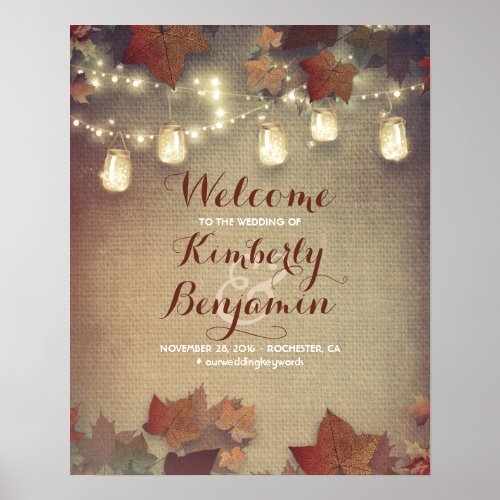 Maple Leaves and Mason Jars Wedding Welcome Sign - Maple tree leaves, string lights, mason jars, rustic burlap fall Wedding Welcome Sign