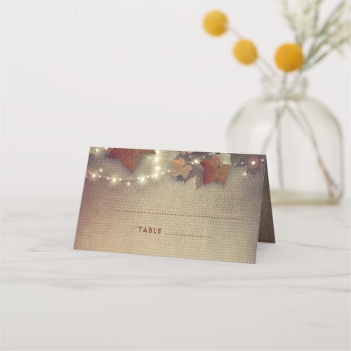 Maple Leaves and String Lights Fall Wedding Place Card - Fall burgundy leaves and dreamy string lights rustic wedding place cards