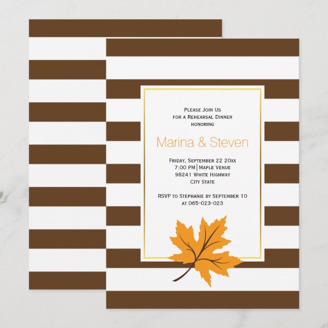 Maple leaves and stripes wedding rehearsal dinner invitation (Front/Back)