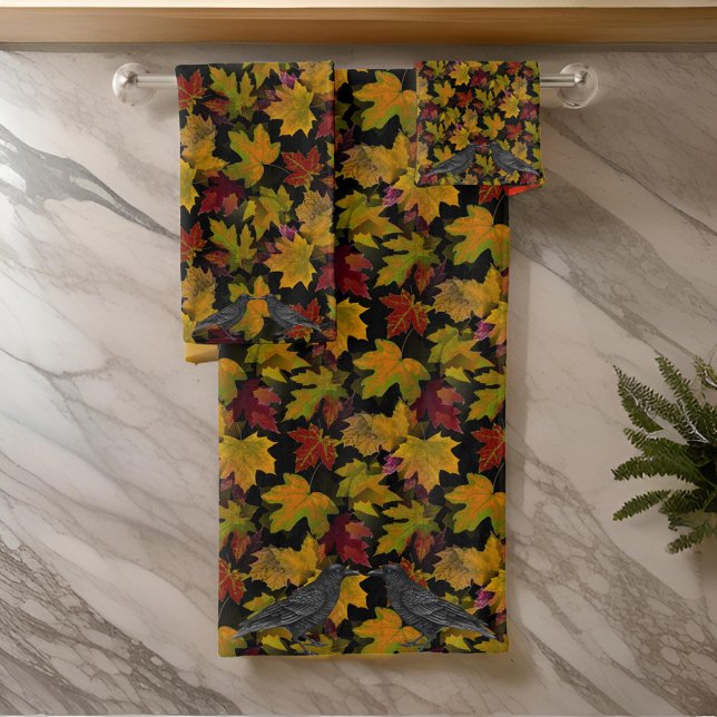 Maple Leaves Autumn Black Crows Bath Towel Set (Creator Uploaded)