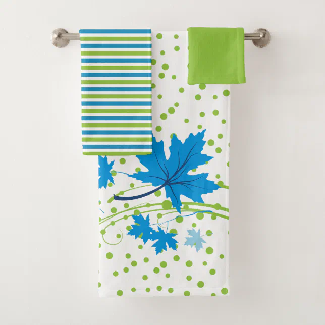 Maple leaves blue and green bathroom towel set | Zazzle