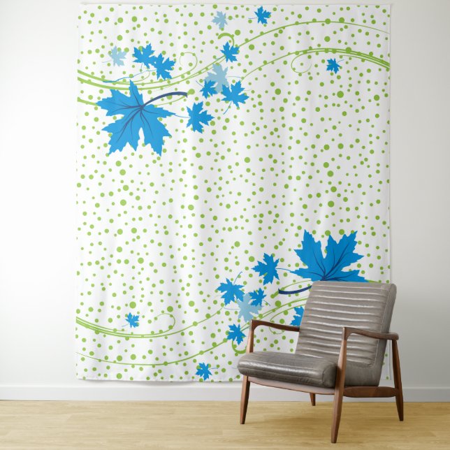 Maple leaves blue and green polka dots tapestry (In Situ)
