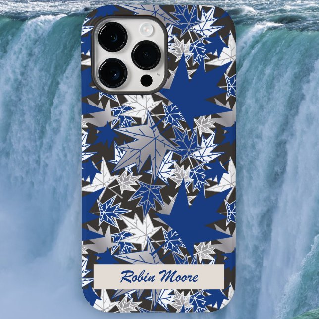 Maple Leaves Blue on a Charcoal Background Case-Mate iPhone Case (Scattered blue white and gray maple leaves - by the Canadian Outpost)