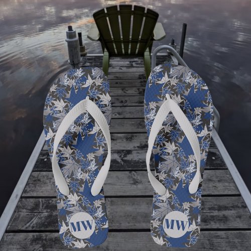 Maple Leaves Blue on a Charcoal Background Flip Flops