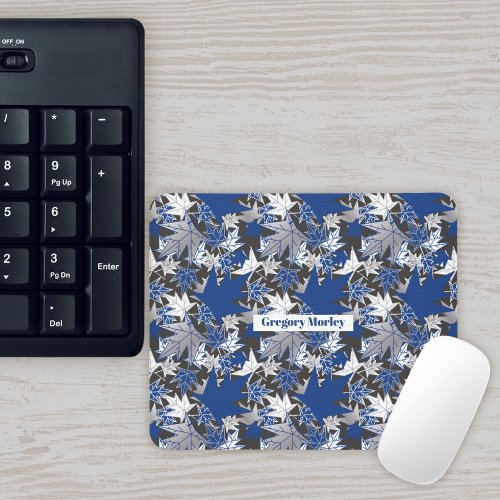 Maple Leaves _ Blue on a Charcoal Background Mouse Pad