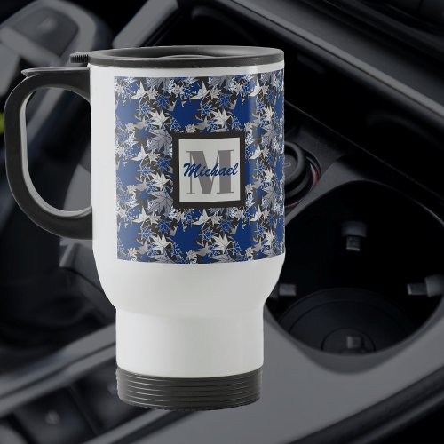 Maple Leaves Blue on a Charcoal Background  Travel Mug