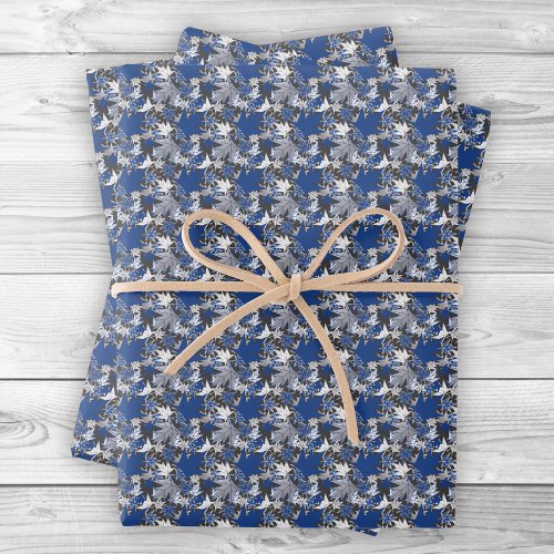 Maple Leaves Blue on a Charcoal Background Wrapping Paper Sheets