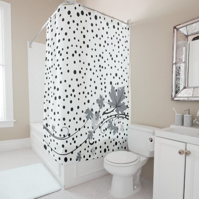Maple leaves gray and black polka dots shower curtain (In Situ)