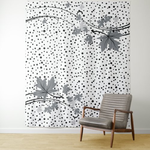 Maple leaves gray and black polka dots tapestry