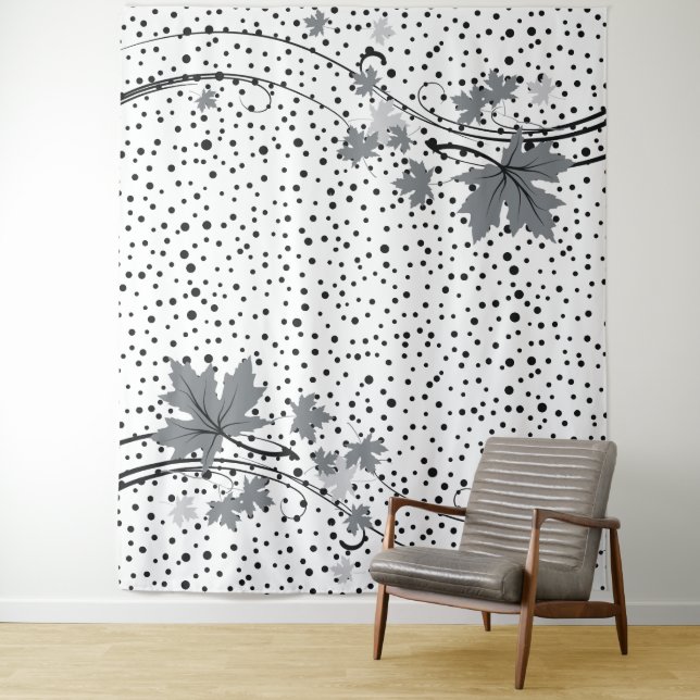 Maple leaves gray and black polka dots tapestry (In Situ)