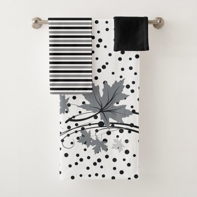 Maple leaves gray, black bathroom towel set (Insitu)