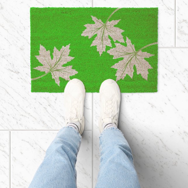 Maple leaves green nature inspired fiber doormat (Insitu)