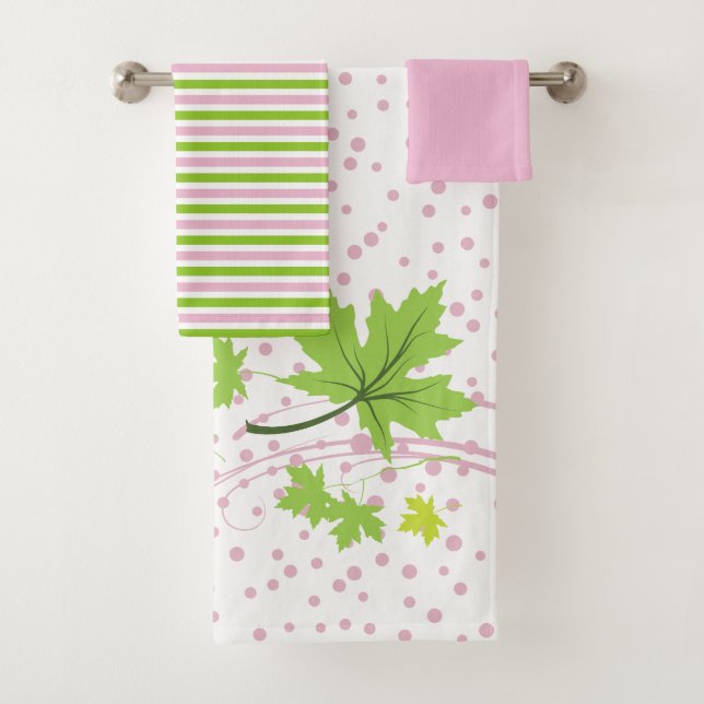 Maple leaves green pink bath towel set (Insitu)