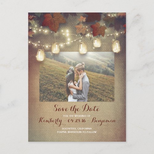 Maple Leaves Mason Jars Fall Photo Save the Date Announcement Postcard - Burgundy maple leaves, mason jars, string lights and rustic burlap fall photo save the date postcards