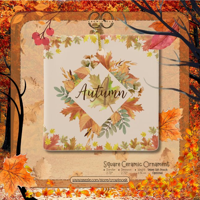 Maple Leaves Monogram & Date Keepsake Ornament (Autumn Maple Leaves Ceramic Monogram & Date Square Keepsake Ornament Front.)