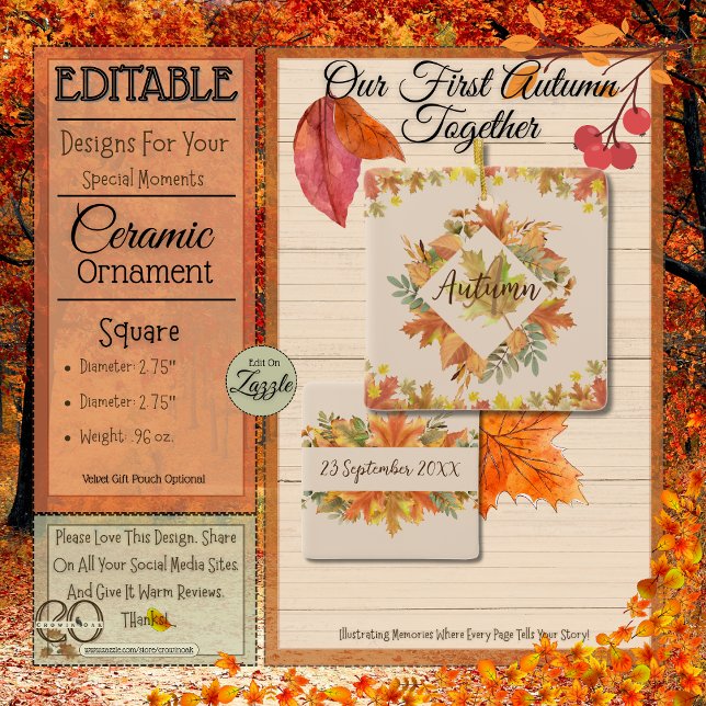 Maple Leaves Monogram & Date Keepsake Ornament (Autumn Monogram & Date Square Keepsake Ornament In Festive Golden Yellow and Sage Green Maple Leaves)