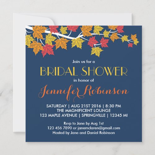 Maple Leaves Navy Blue Fall Wedding Invitation Custom Invite