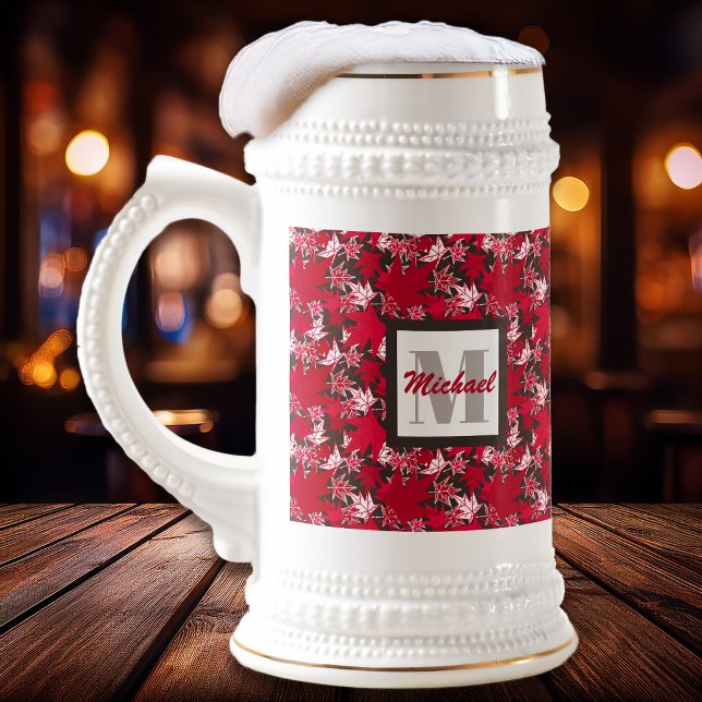 Maple Leaves on a Charcoal Background Beer Stein (Maple Leaves Red on Charcoal - Bar Scene - The Canadian Outpost shop)