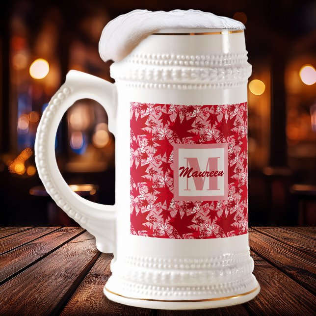 Maple Leaves on a Pink Background Beer Stein (Maple Leaves Red on Pink - Bar Scene - The Canadian Outpost Shop)
