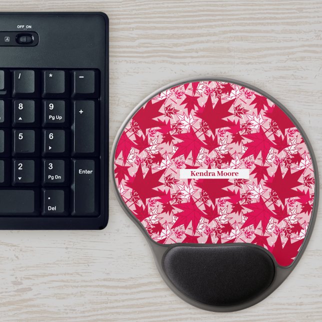 Maple Leaves on a Pink Background Gel Mouse Pad (Scattered Red and White Maple Leaves on a Pink Background by Leapfroglisics)
