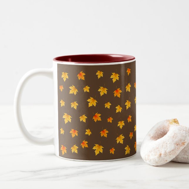 Maple leaves on Brown Background Two-Tone Coffee Mug (With Donut)