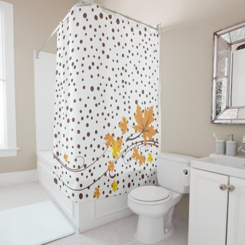Maple leaves orange and brown polka dots shower curtain