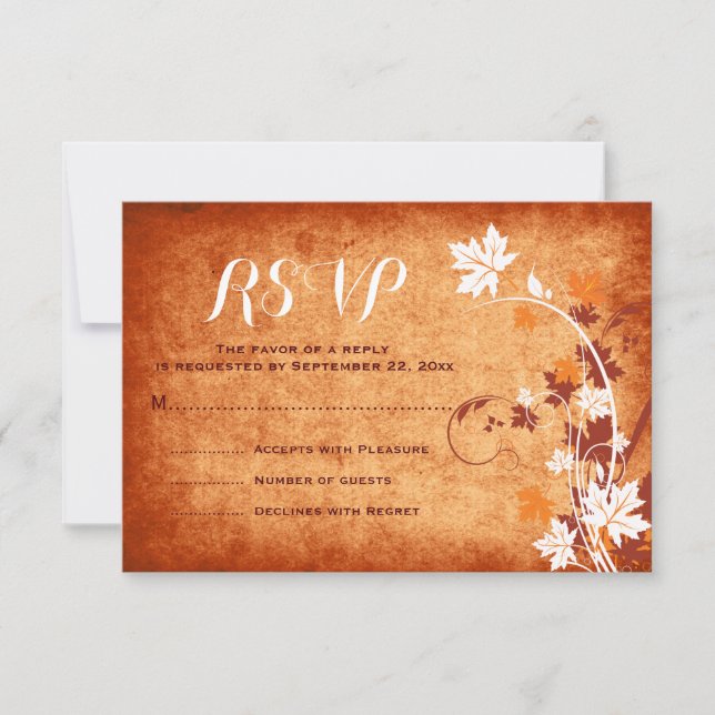 Maple leaves orange fall wedding RSVP reply (Front)